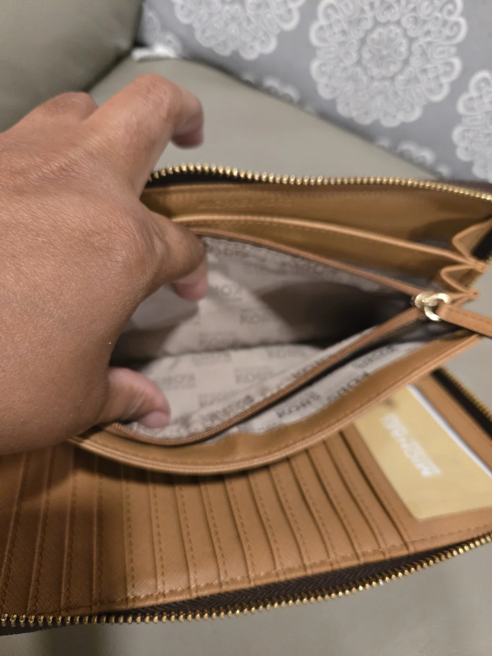 Michael Kors Brown MK Logo Zip Wallet with Gold Hardware